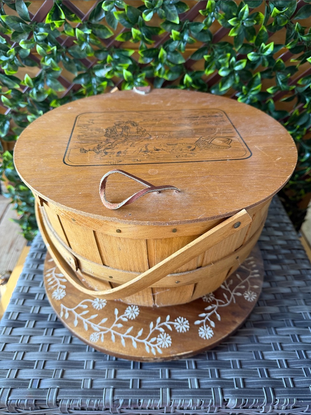 Vintage Wooden Bucket Style Sewing Basket